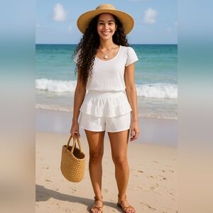 Boho White Eyelet Large Beach Festival Cotton Ruffle Cottagecore Shorts